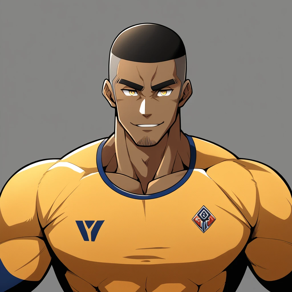 anime characters：Gyee, Young Muscle Sports Teacher, ????? black skin, Buzz Cut, Manliness, male focus, Dark yellow long sleeve tight T-shirt, Slightly transparent texture, Very tight, Slightly transparent, muscular male, muscular, only, Upper body, alone, Black short hair, Thick eyebrows, stubble, Yellow eyes, Grey background, simple background, amazing quality, best aesthetics, Ridiculous, bright pupils, crew cut, parted lips, seductive smile, torogao, naughty face, best quality