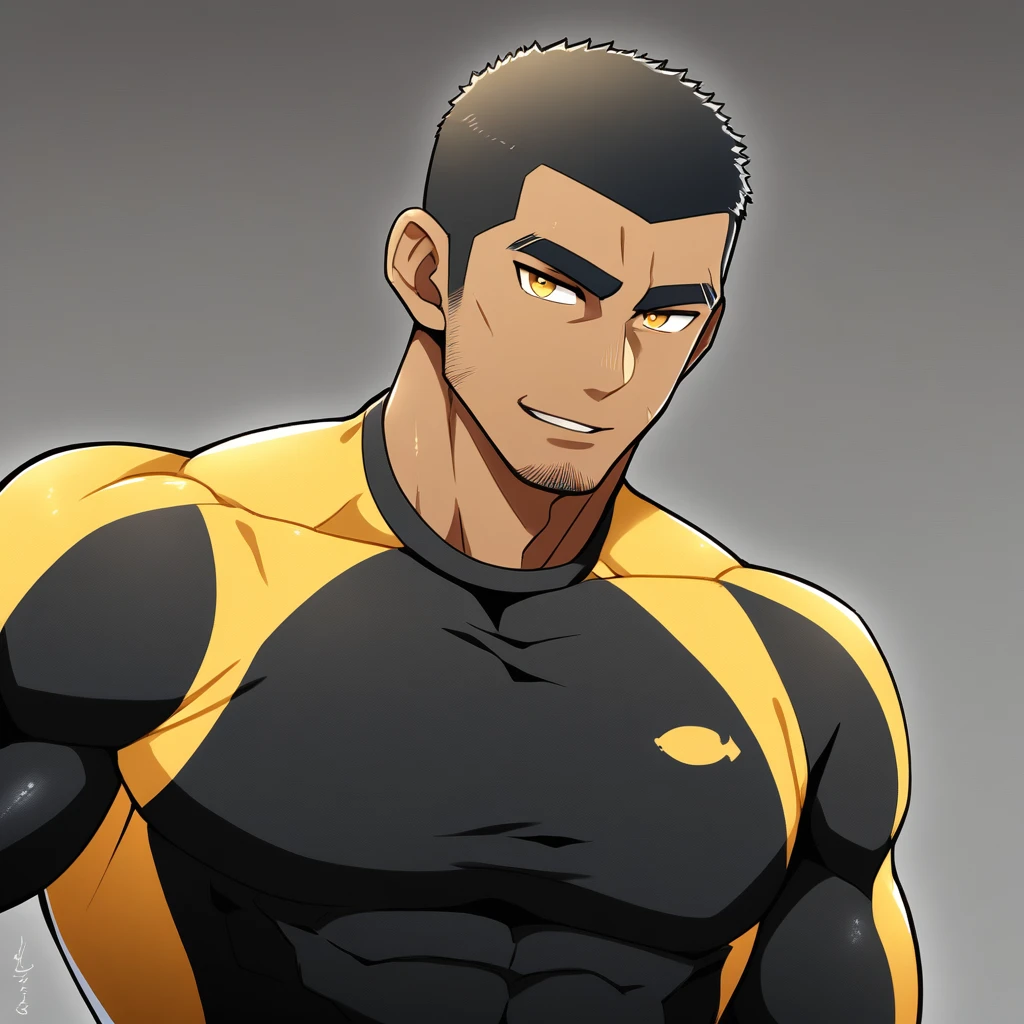 anime characters：Gyee, Young Muscle Sports Teacher, ????? black skin, Buzz Cut, Manliness, male focus, Dark yellow long sleeve tight T-shirt, Slightly transparent texture, Very tight, Slightly transparent, muscular male, muscular, only, Upper body, alone, Black short hair, Thick eyebrows, stubble, Yellow eyes, Grey background, simple background, amazing quality, best aesthetics, Ridiculous, bright pupils, crew cut, parted lips, seductive smile, torogao, naughty face, best quality