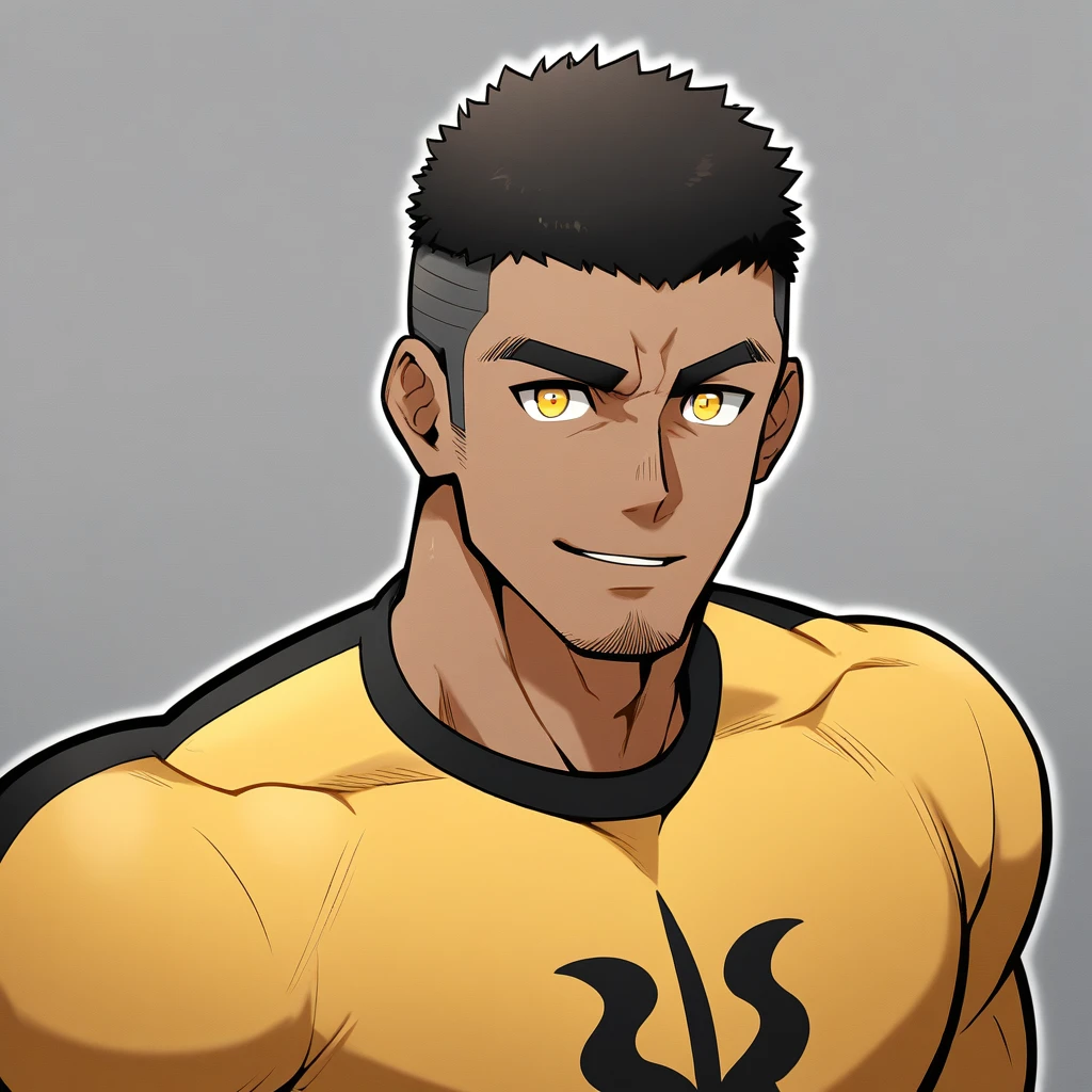 anime characters:Gyee, Young Muscle Sports Teacher, negro black skin, Buzz Cut, Manliness, male focus, Dark yellow long sleeve tight T-shirt, Slightly transparent texture, Very tight, Slightly transparent, muscular male, muscular, only, Upper body, alone, Black short hair, Thick eyebrows, stubble, Yellow eyes, Grey background, simple background, amazing quality, best aesthetics, Ridiculous, bright pupils, crew cut, parted lips, seductive smile, torogao, naughty face, best quality