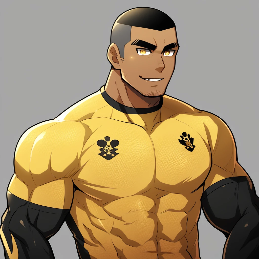 anime characters:Gyee, Muscle Sports Student, negro black skin, 1 dark skin muscular tough guy, Manliness, male focus, Light yellow high collar long sleeve tight T-shirt, Slightly transparent material, Very tight, Round, full and perky chest muscles, Slightly transparent, muscular male, muscular, only, Upper body, alone, Black short hair, Thick eyebrows, stubble, Yellow eyes, Grey background, simple background, amazing quality, best aesthetics, Ridiculous, bright pupils, crew cut, parted lips, seductive smile, torogao, naughty face, drop shadow, best quality