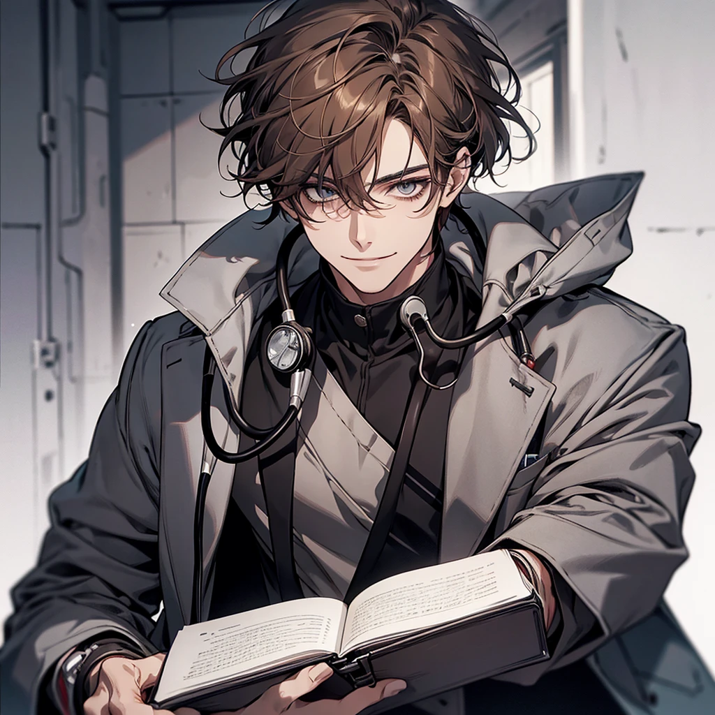 1 boy,Handsome face, Perfect Male Body,Looking at the camera, Psychiatric doctor with blood on his face, (Wicked Smile,doctor, gray coat, notebook in hand,Stethoscope)ward,Dim Light,Dark Room,masterpiece,Half Body, Portraiture,Ray Tracing, Look at the details, Fine grain, The eyes are detailed,Brown Hair,Medium wavy hair
