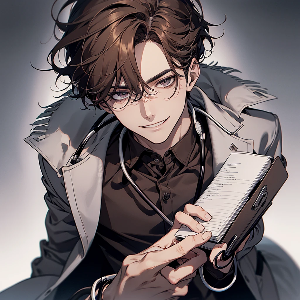 1 boy,Handsome face, Perfect Male Body,Looking at the camera, Psychiatric doctor with blood on his face, (Wicked Smile,doctor, gray coat, notebook in hand,Stethoscope)ward,Dim Light,Dark Room,masterpiece,Half Body, Portraiture,Ray Tracing, Look at the details, Fine grain, The eyes are detailed,Brown Hair,Medium wavy hair,25 old year