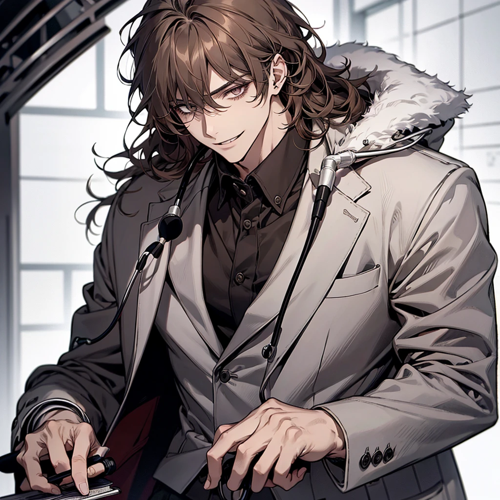 1 boy,Handsome face, Perfect Male Body,Looking at the camera, Psychiatric doctor with blood on his face, (Wicked Smile,doctor, gray coat, notebook in hand,Stethoscope)ward,Dim Light,Dark Room,masterpiece,Half Body, Portraiture,Ray Tracing, Look at the details, Fine grain, The eyes are detailed,Brown Hair,Medium wavy hair,25 old year