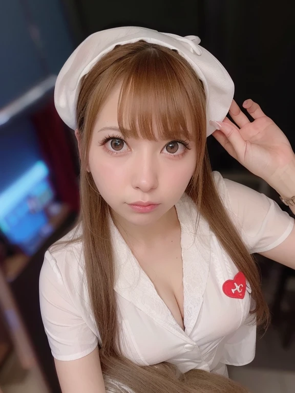 Ala Fed woman in white nurse uniform poses for photo, nurse girl, Anime Girl Cosplay, Sakimi-chan, 8k selfie, Sakimi-chan, Real life anime girls, Japanese maid cafe, nurse, close fitting nurse costume, Professional Cosplay, Ayaka Cosplay, nurse costume, Cute natural anime face, Anime Cosplay, Cleavage, big,