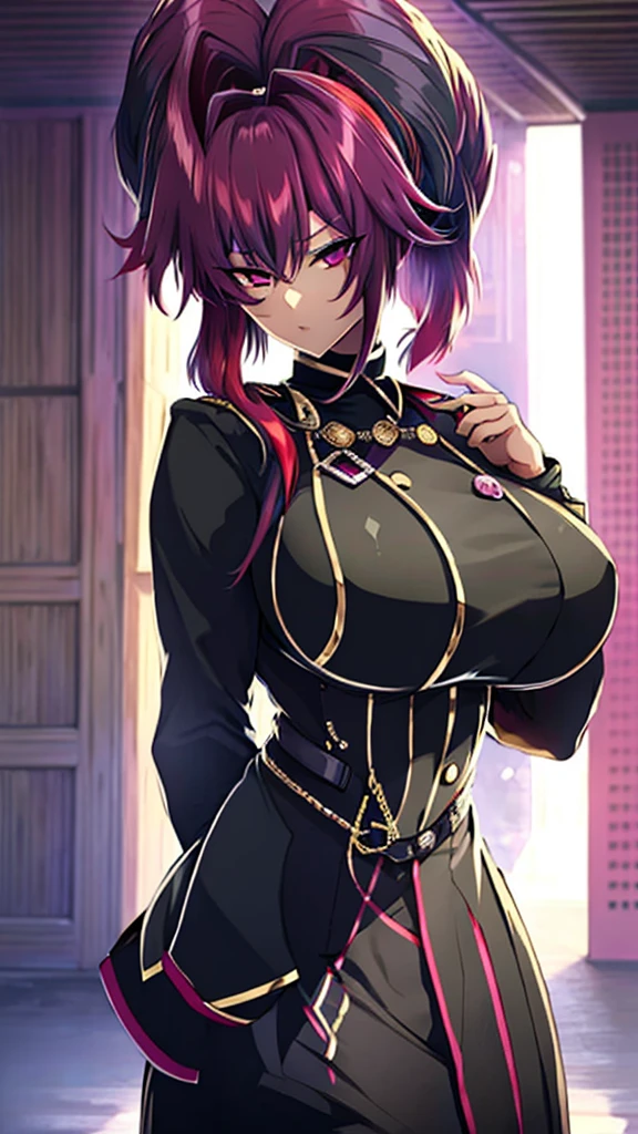 Anime, 1 girl, huge hairstyle, multicolored hair, magenta eyes, serious face, busty, big And round buson, gorgeous plump body, Black military's uniform, Holding a weapon, Very large hair, pointing finger to the viewer