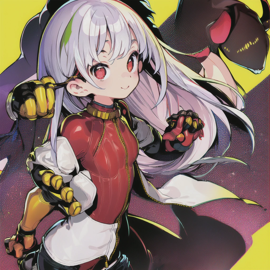 One girl, 一人in, length_hair, chest, Looking_in_Audience, smile, 前hair,small_chest, Simple_background, red_eye, gloves, chestの谷間, Closed_mouth, Jacket, white_hair, multicolored_hair, cowboy_shot, belt, dull_前hair, Bodysuits, Gauntlet, yellow_background, Cut out_foot, zipper, Cut out_Jacket, Chaps, Rubber Stand、