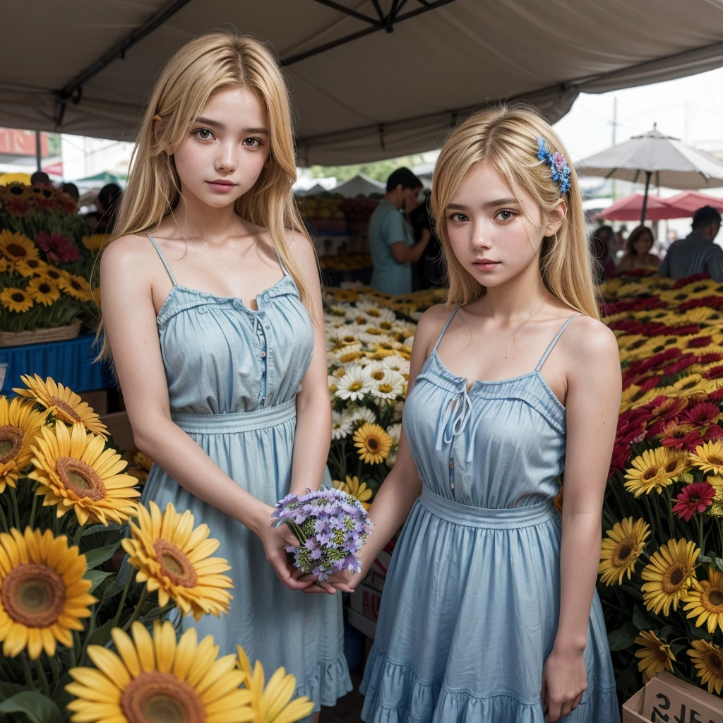 Young 18-year-old güerita.years blue leaves blonde hair more realism flower dress selling gerbera flowers in a market in Mexico