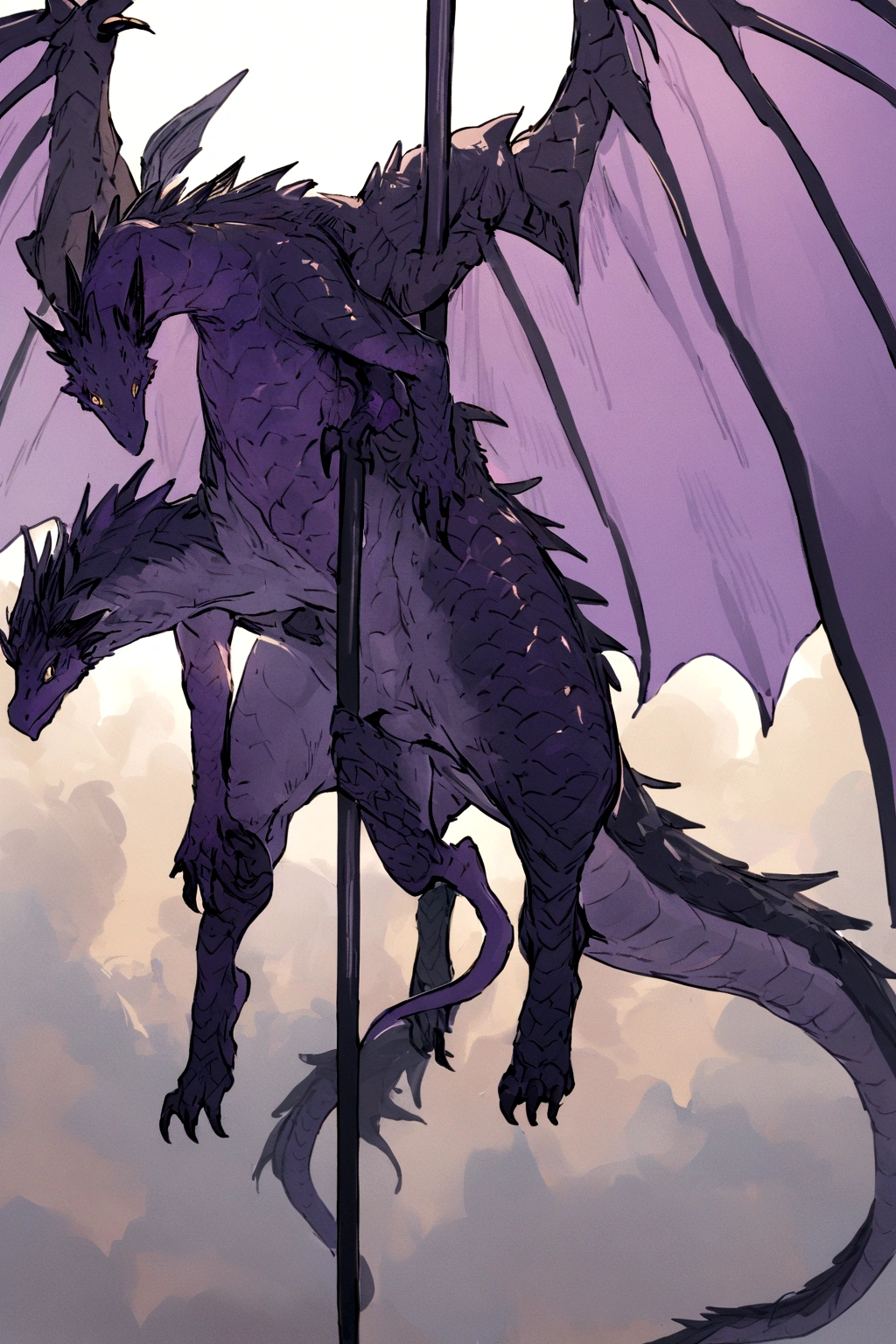 Purple and black dragon, sexy boy, he's doing pole dance naked 