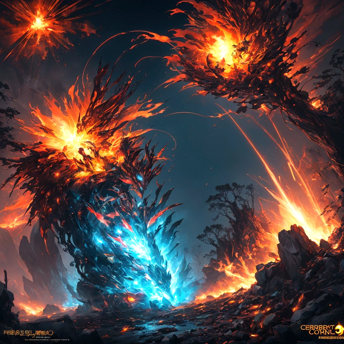 A bright light image with a red and gold border in the lower right corner looks like a road，Extending to the quiet and deep fairyland forest in the upper left corner，The picture needs to show a four-corner composition，Need to have strong contrast between light and dark colors，Emphasize the bright colors in the lower right corner，Large game CG scenes，Light painting rendering，Long shot，Electronic Fiber，Splash Art,Gorgeous fiery explosion