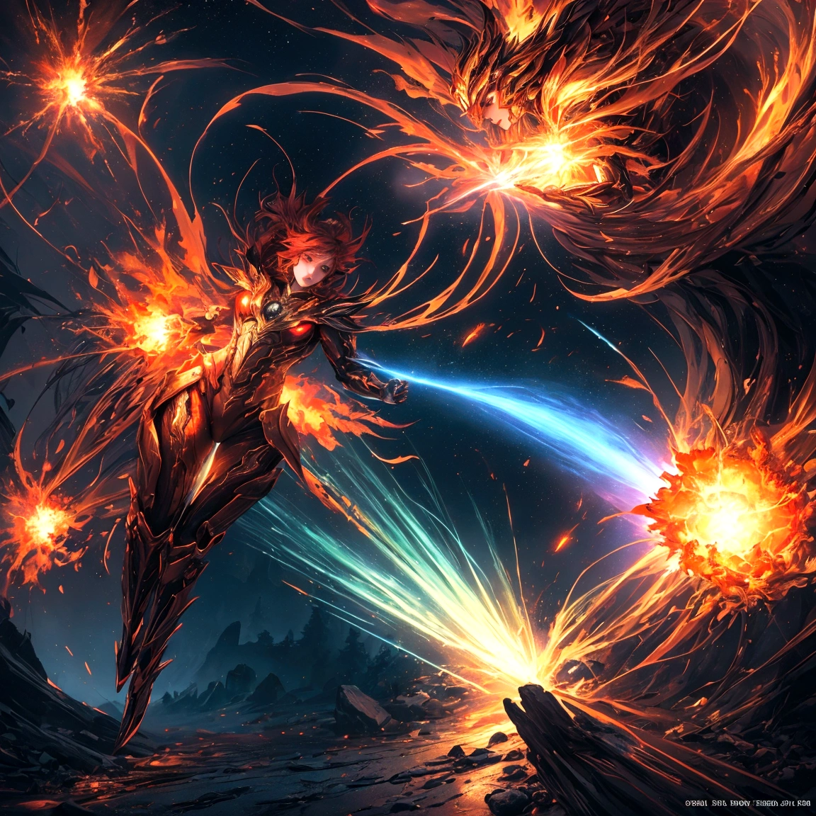 A bright light image with a red and gold border in the lower right corner looks like a road，Extending to the quiet and deep fairyland forest in the upper left corner，The picture needs to show a four-corner composition，Need to have strong contrast between light and dark colors，Emphasize the bright colors in the lower right corner，Large game CG scenes，Light painting rendering，Long shot，Electronic Fiber，Splash Art,Gorgeous fiery explosion