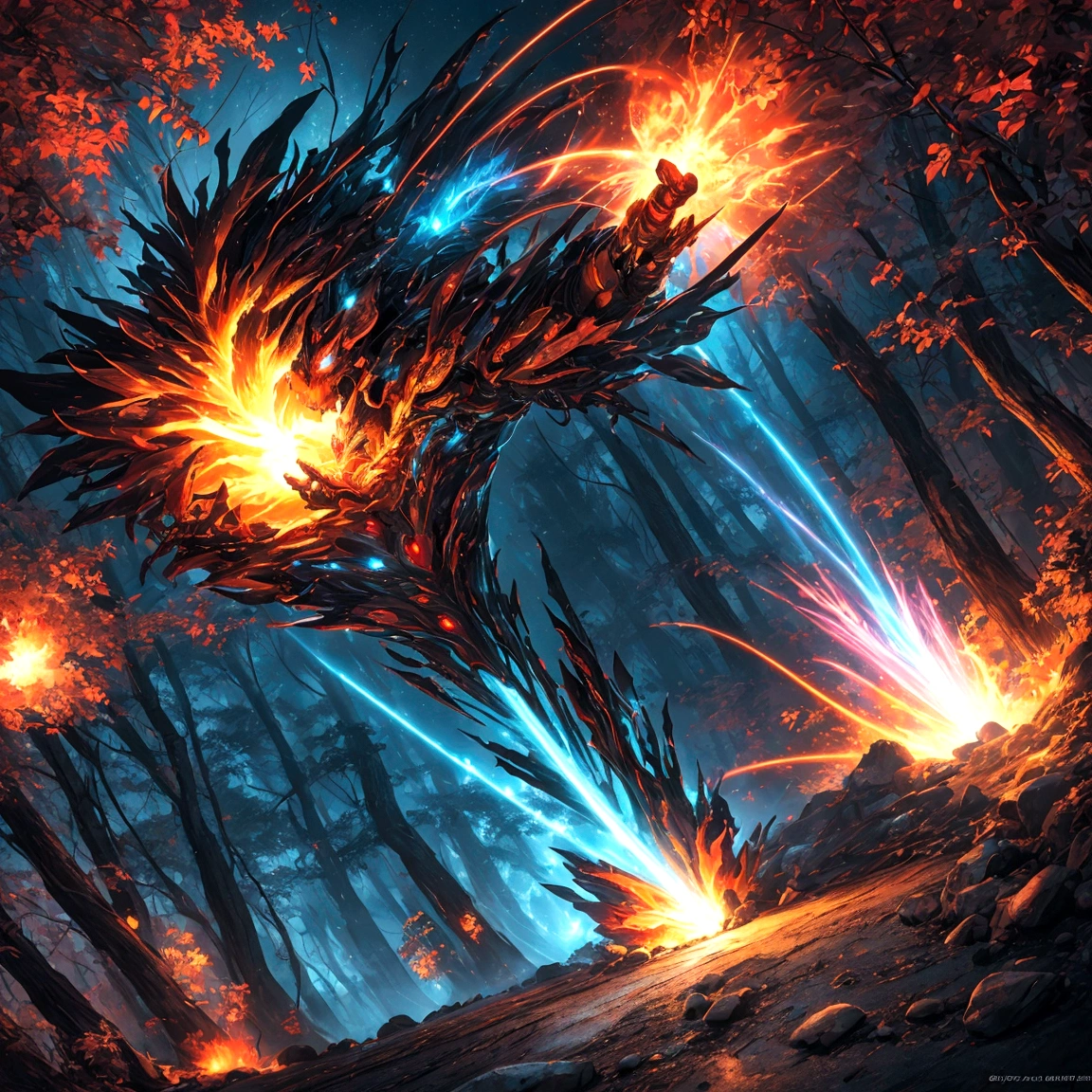 A bright light image with a red and gold border in the lower right corner looks like a road，Extending to the quiet and deep fairyland forest in the upper left corner，The picture needs to show a four-corner composition，Need to have strong contrast between light and dark colors，Emphasize the bright colors in the lower right corner，Large game CG scenes，Light painting rendering，Long shot，Electronic Fiber，Splash Art,Gorgeous fiery explosion