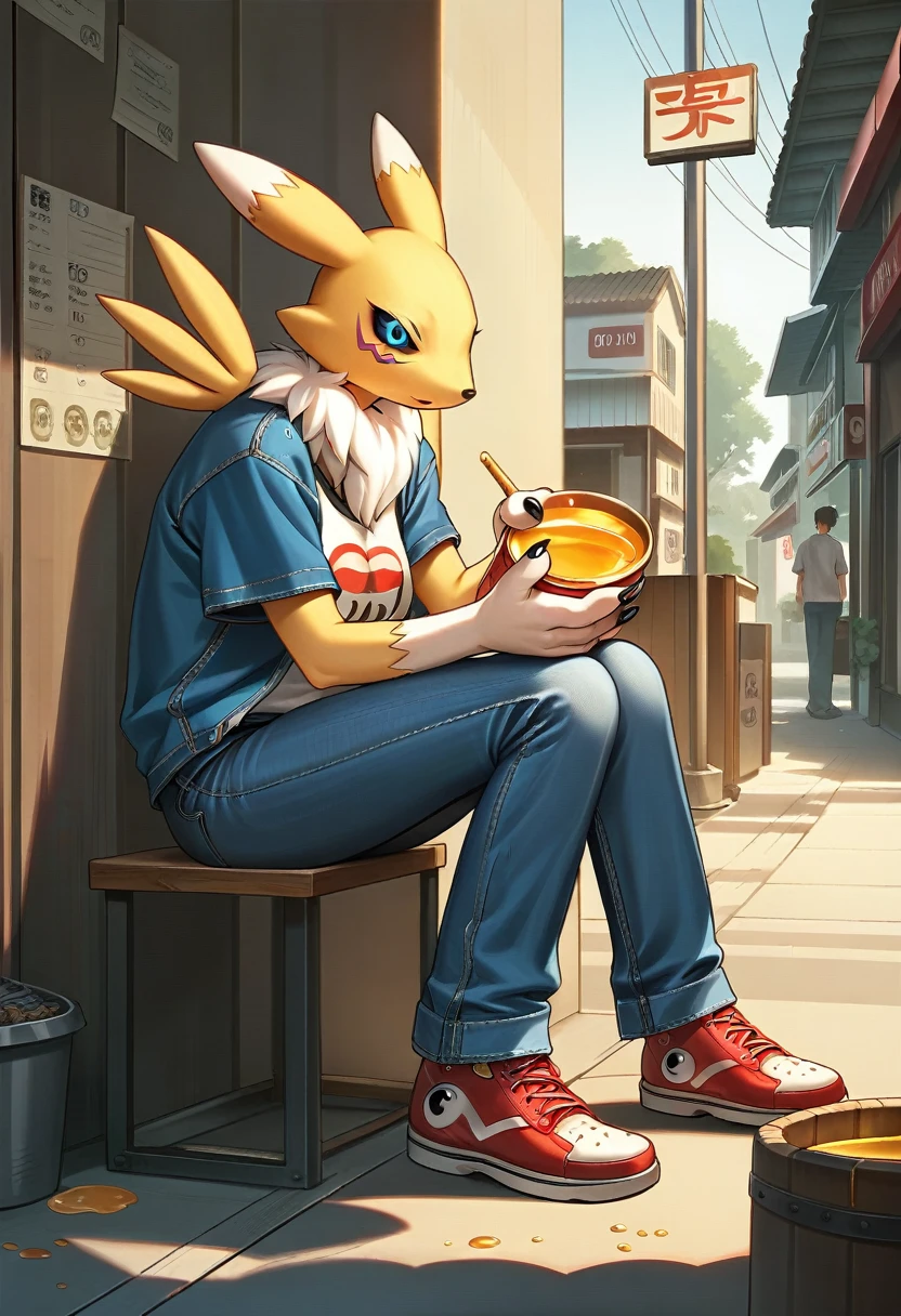 Fraction_9, Fraction_8_up, Fraction_7_up, Fraction_6_Direction_5_Direction_4_up, rest, src_Japanese cartoons, Endless, Official Art, masterpiece, 1 Girl, renamon (Digimon), anthropology, Lovely, , very younger, young, , Uncensored, Oversized T-shirt,denim jacket, big jeans, Sexy, Honey, prostitute, Dagasi, Blink