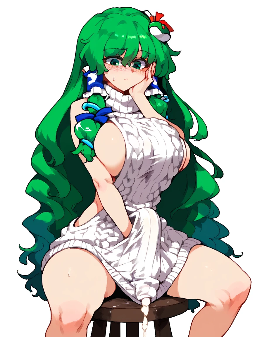 Expressive, score_9, score_8_up, score_9_up, Touhou, masterpiece, high quality, highly detailed, 1girl, kochiya sanae, solo, green hair, long hair, green eyes, long hair, big breasts, blush, round breasts,,,,,, frog hair ornament, hair tubes, snake hair ornament,,,, thin waist, sit on stool, white background,, virgin killer sweater, futanari, big penis under clothes, cum, she covering own face with hands , 
