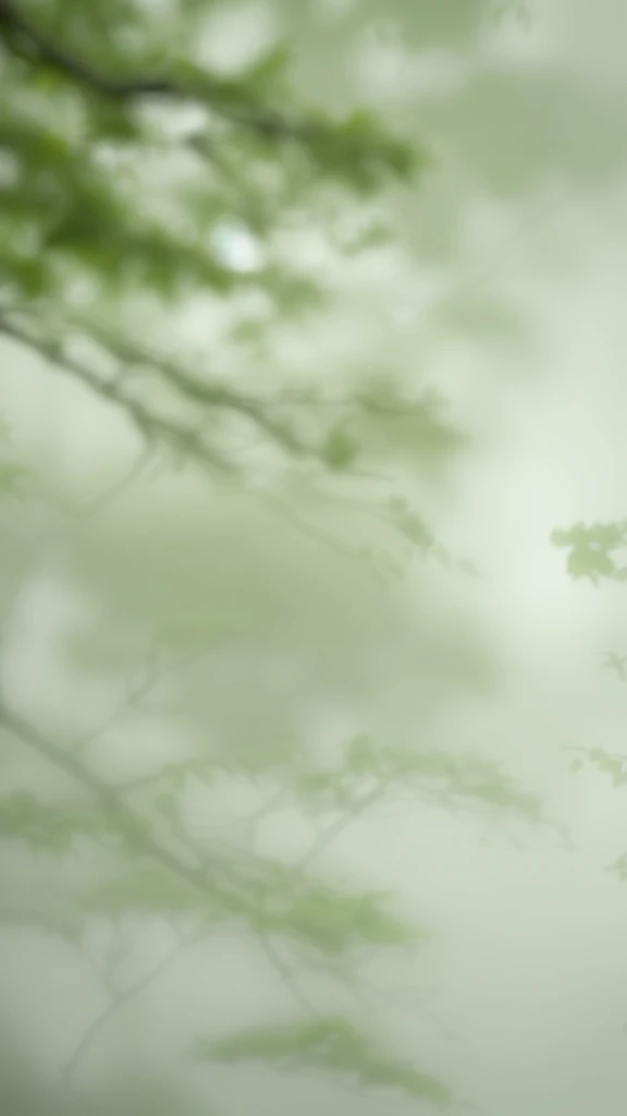 Create an outdoor scene featuring tree branches with green leaves against a misty, foggy background. The branches should be prominent in the foreground, with the leaves showing fresh greenery. The mist should create a soft, diffused light, giving the scene a tranquil and serene atmosphere. The background should have a hint of more trees and foliage, partially obscured by the dense fog.