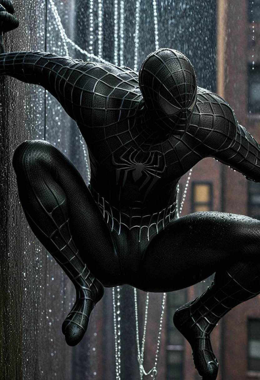 score_9, score_8_up, score_7_up, best quality, realistic, masterpiece, beautiful detail, hyperrealistic, (1girl, woman body, smile), big breasts, amazing detailed full body portrait of a beautiful ulzzang girl, wearing a realistic and highly detailed black raimi spider-man suit, ((huge muscular girl)), professional model wears ultra - detailed black raimi spider - man suit, ultra - detailed and grained black raimi spiderman suit, suit covered entire body and hand, black spiderman gloves, wet, (swinging on a web), (full body), (dirty skin), close up, octane render, highly detailed, volumetric, dramatic lighting, (highest quality:1.1), (HDR:1.3), (top quality, best quality), realistic, high definition,