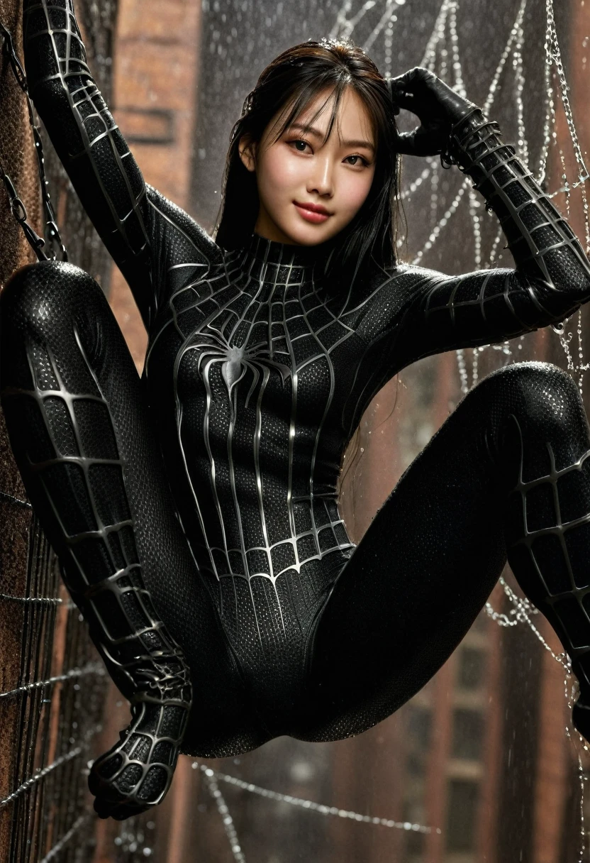 score_9, score_8_up, score_7_up, best quality, realistic, masterpiece, beautiful detail, hyperrealistic, (1girl, woman body, smile), big breasts, amazing detailed full body portrait of a beautiful ulzzang girl, wearing a realistic and highly detailed black raimi spider-man suit, ((huge muscular girl)), professional model wears ultra - detailed black raimi spider - man suit, ultra - detailed and grained black raimi spiderman suit, suit covered entire body and hand, black spiderman gloves, wet, (swinging on a web), (full body), (dirty skin), close up, octane render, highly detailed, volumetric, dramatic lighting, (highest quality:1.1), (HDR:1.3), (top quality, best quality), realistic, high definition,
