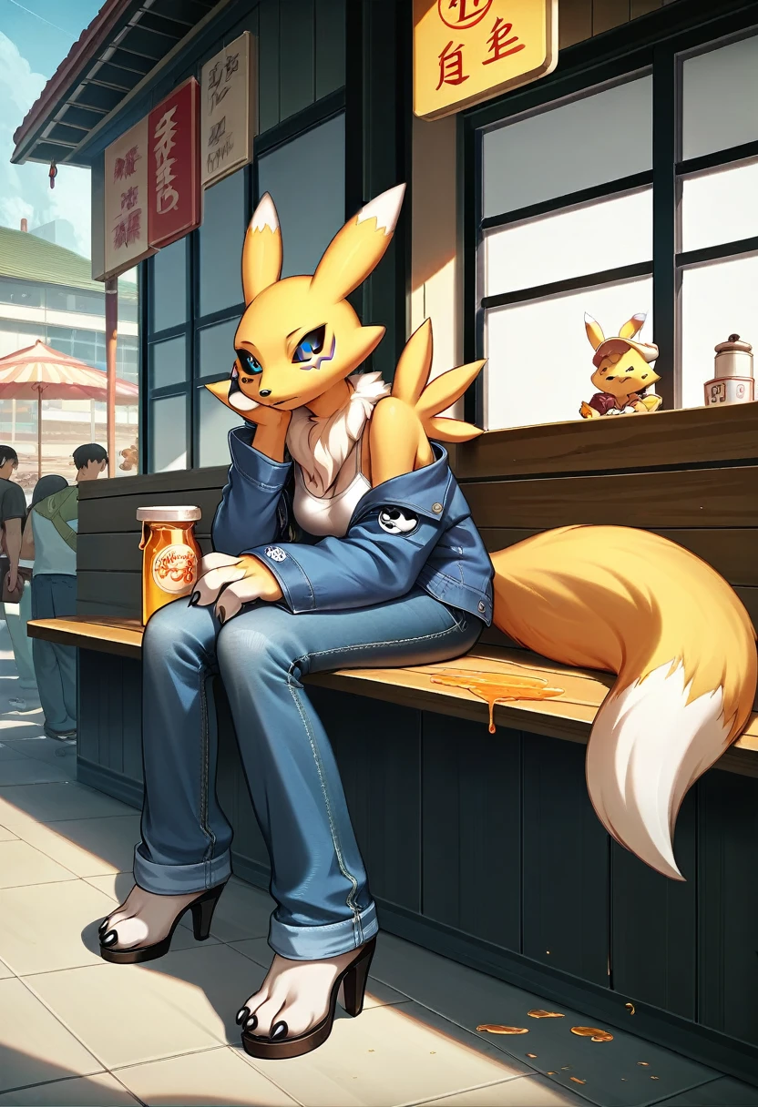 Fraction_9, Fraction_8_up, Fraction_7_up, Fraction_6_Direction_5_Direction_4_up, rest, src_Japanese cartoons, Endless, Official Art, masterpiece, 1 Girl, renamon (Digimon), anthropology, Lovely, , very younger, young, , Uncensored, Oversized T-shirt,denim jacket, big jeans, High heel,Sexy, Honey, prostitute, Dagasi, Blink