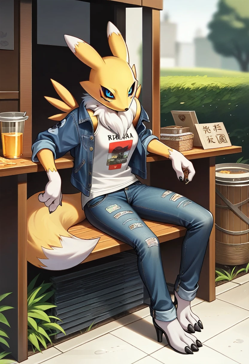 Fraction_9, Fraction_8_up, Fraction_7_up, Fraction_6_Direction_5_Direction_4_up, rest, src_Japanese cartoons, Endless, Official Art, masterpiece, 1 Girl, renamon (Digimon), anthropology, Lovely, , very younger, young, , Uncensored, Oversized T-shirt,denim jacket, big jeans, High heel,Sexy, Honey, prostitute, Dagasi, Blink