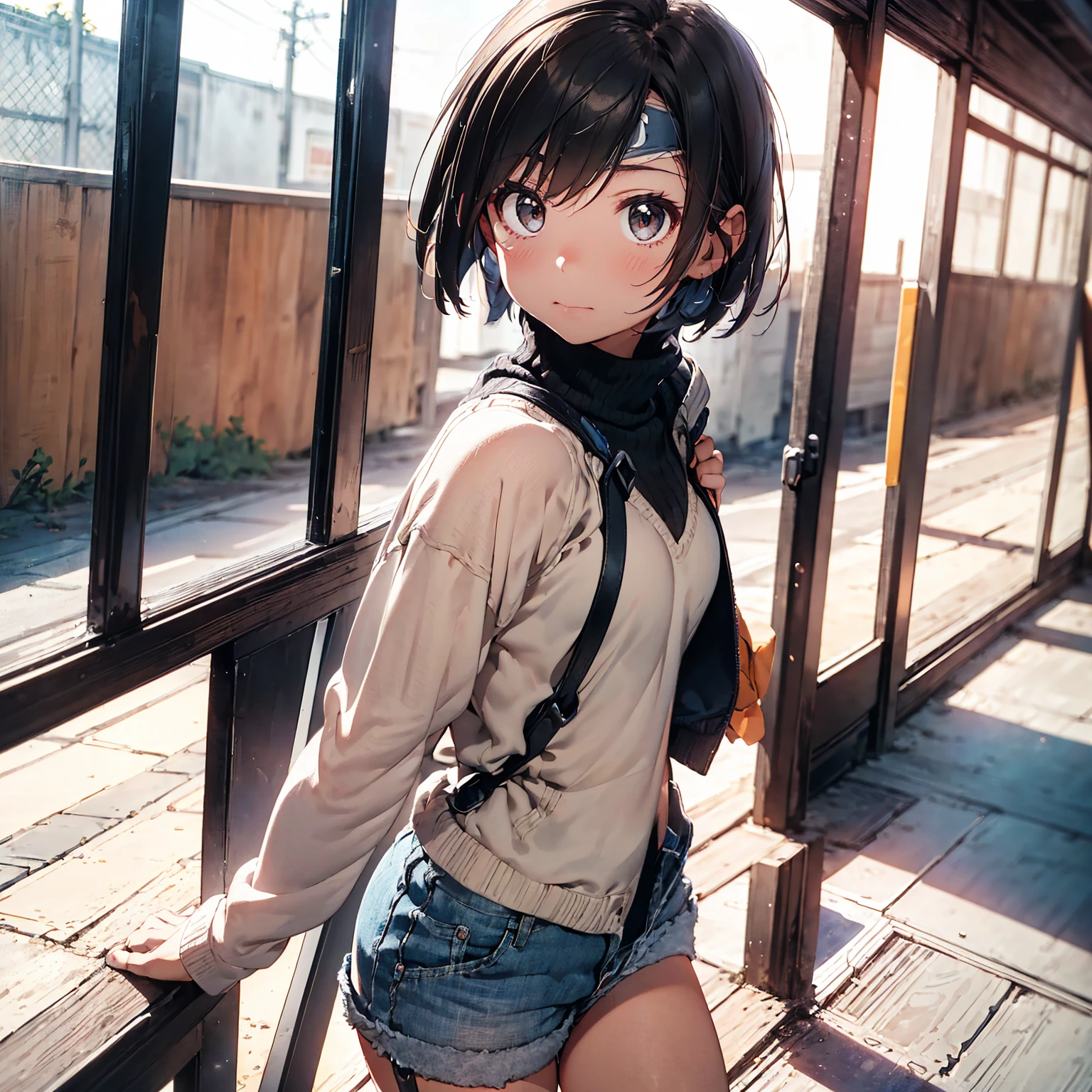 8K quality,(super masterpiece:1.3),Highest quality,Detailed Images,The real picture,Natural lighting,symmetrical beauty,1 female,9 expressions,Nine portraits,lots of sketches,Yuffie Kisaragi,Hairstyle(short hair),clothing(head band,turtleneck,No sleeve,Shorts),(very cute:1.3),(Face directly towards the camera,Looking directly at the viewer,looking at the camera,The body faces the viewer,The body is facing the direction of the camera,Face looking straight into the camera).