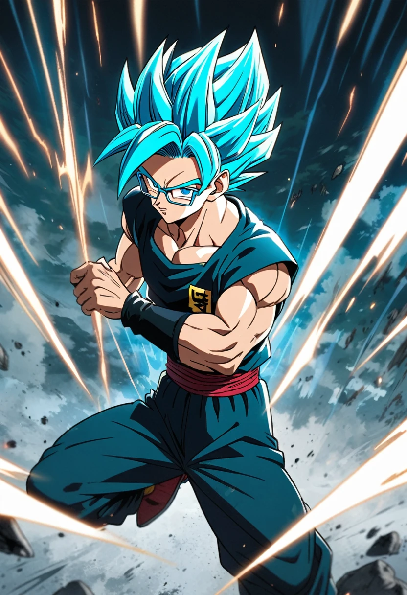 Anime, 19 year old, male, black rimmed glasses, Super Saiyan blue hair,Dragonball super