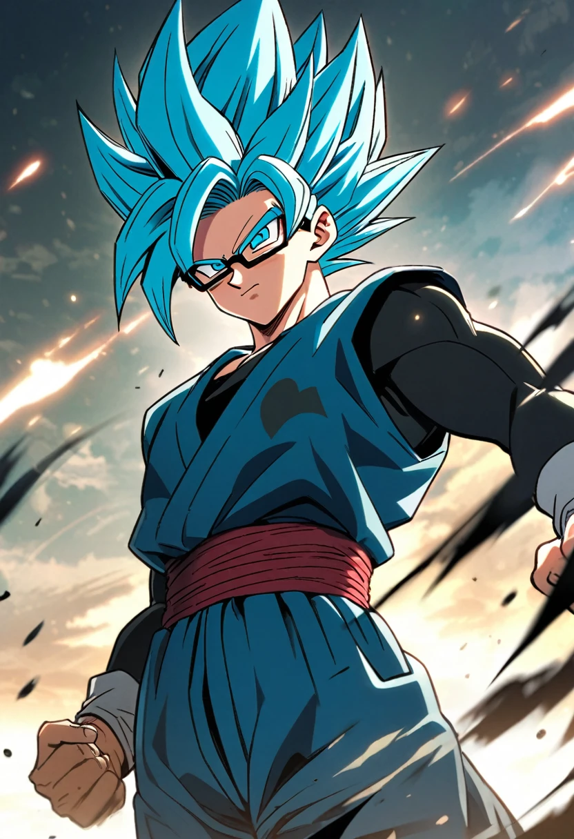 Anime, 19 year old, male, black rimmed glasses, Super Saiyan blue hair,Dragonball super