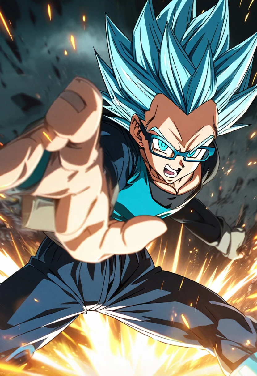 Anime, 19 year old, male, black rimmed glasses, Super Saiyan blue hair,Dragonball super