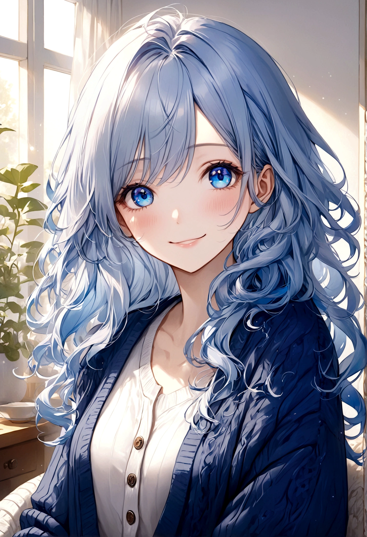 ((top-quality)), ((masterpiece)), ((ultra-detailliert)), (extremely delicate and beautiful), beautiful woman, bright light blue hair, long wavy hair, sapphire blue eyes, cozy cardigan, white shirt under cardigan, sweet smile, fair complexion, cozy background