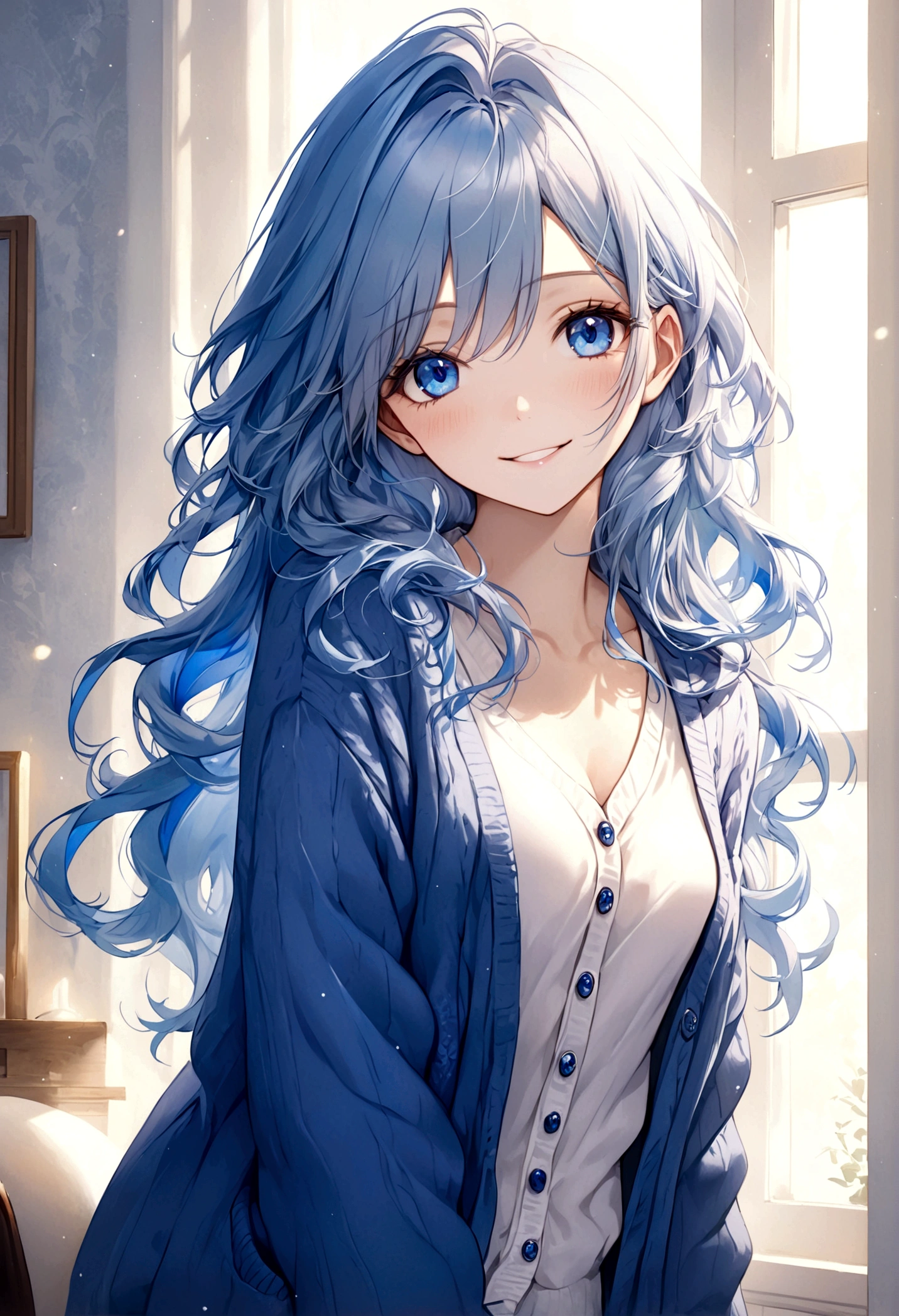 ((top-quality)), ((masterpiece)), ((ultra-detailliert)), (extremely delicate and beautiful), beautiful woman, bright light blue hair, long wavy hair, sapphire blue eyes, cozy cardigan, white shirt under cardigan, sweet smile, fair complexion, cozy background