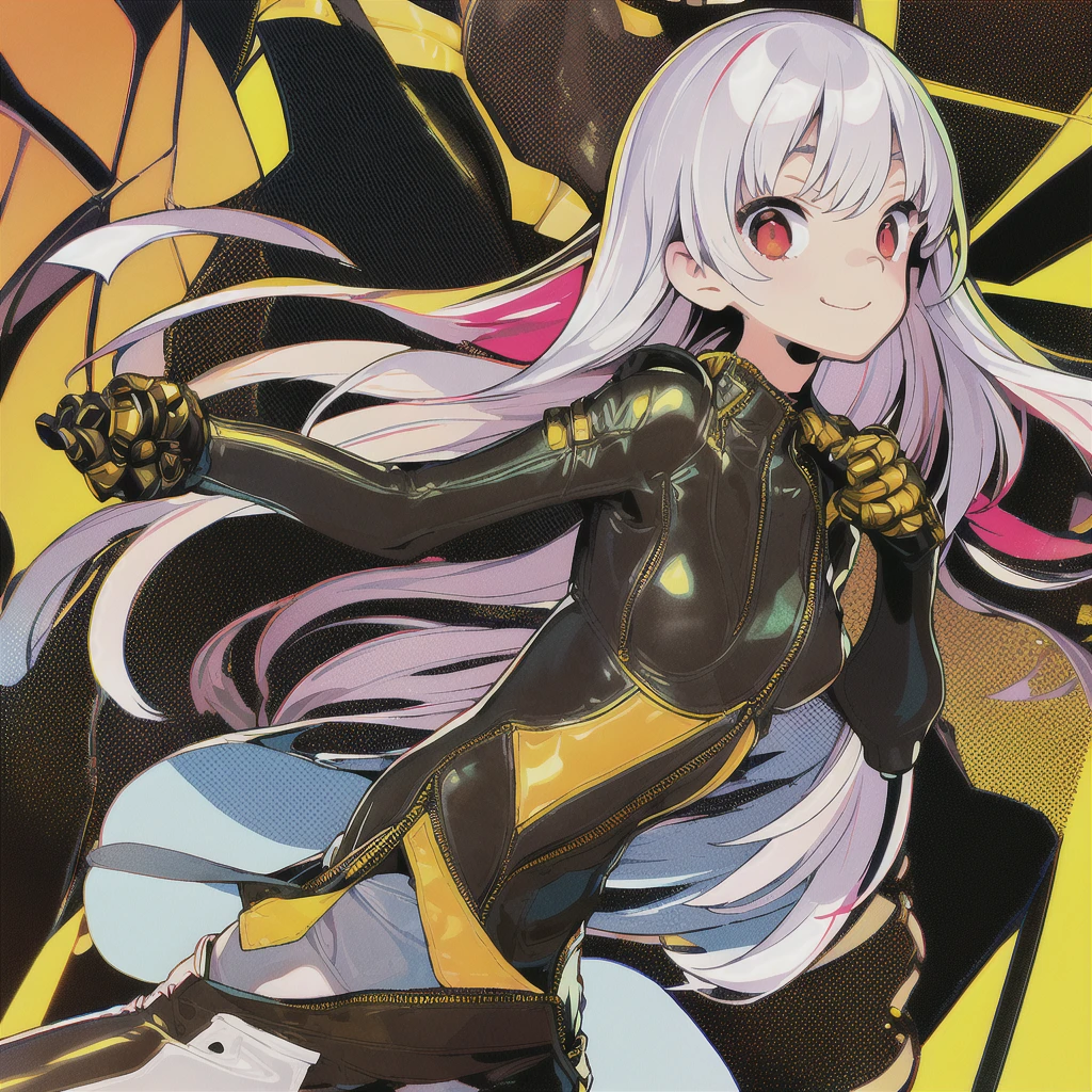 One girl, 一人in, length_hair, chest, Looking_in_Audience, smile, 前hair,small_chest, Simple_background, red_eye, gloves, chestの谷間, Closed_mouth, Jacket, white_hair, multicolored_hair, cowboy_shot, belt, dull_前hair, Bodysuits, Gauntlet, yellow_background, Cut out_foot, zipper, Cut out_Jacket, Chaps,  Rubber Stand、