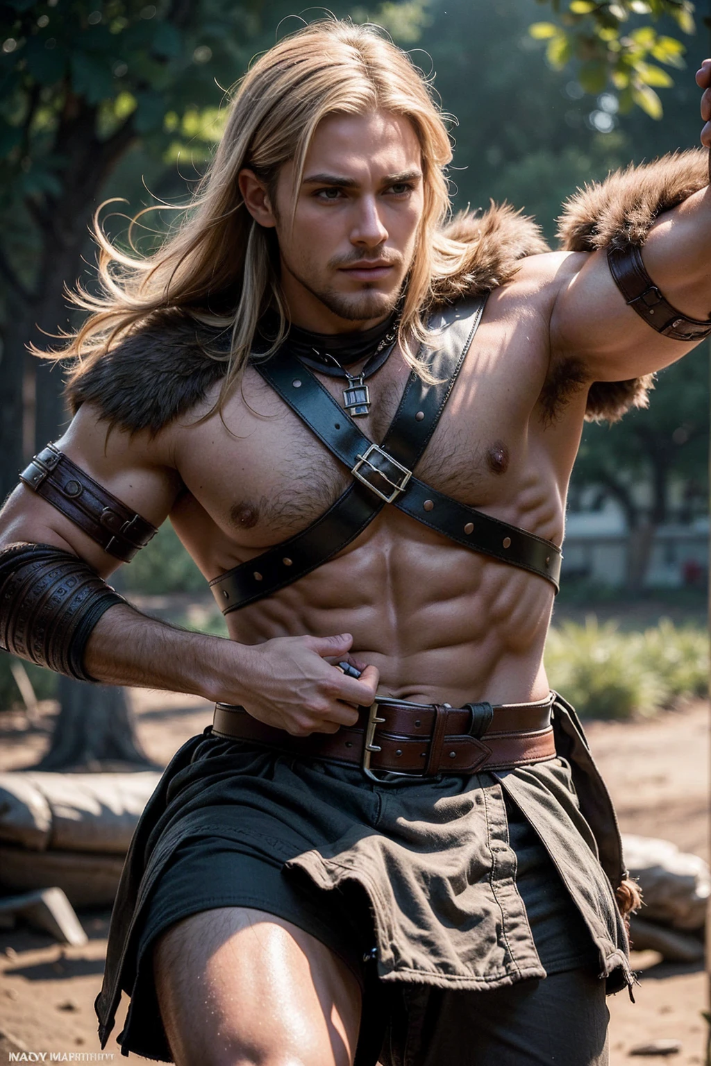 realistic, masterpiece, best quality, cinematic, dynamic lighting, soft shadow, highest detail, professional photography, detailed background, depth of field, insane details, intricate, aesthetic, detailed face, subsurface scattering, realistic hair, realistic eyes, 1boy, muscular, manly, (large pectorals:1.3), pectorals, abs, photo of a handsome male barbarian wearing leather harness armor, intricate tribal armor, fighting pose, angry, battle cry, holding weapon, sword, medieval, fantasy, rpg, blood, injury, sweat, barbarian village background, medium messy hair, blonde hair,(Best quality, 8k, Masterpiece).,Smiling face, good mood.highest detail, superior quality, natural lighting, beautiful, sexy, correct anatomy, good composition,realistic shapes, realistic skin tones,Natural eyes,realistic eyes,looking up at viewer,vpl,realistic muscles,Realistic wrinkles on the skin,Realistic arms and legs,Realistic face,realistic hair,Make a sexy and seductive face, man focus,amazing composition, front view, HDR, volumetric lighting, ultra quality, elegant,Post a erotic photoshoot,Realistic pose,detailed hair,full body,Fujifilm XT3 photorealistic art by midjourney