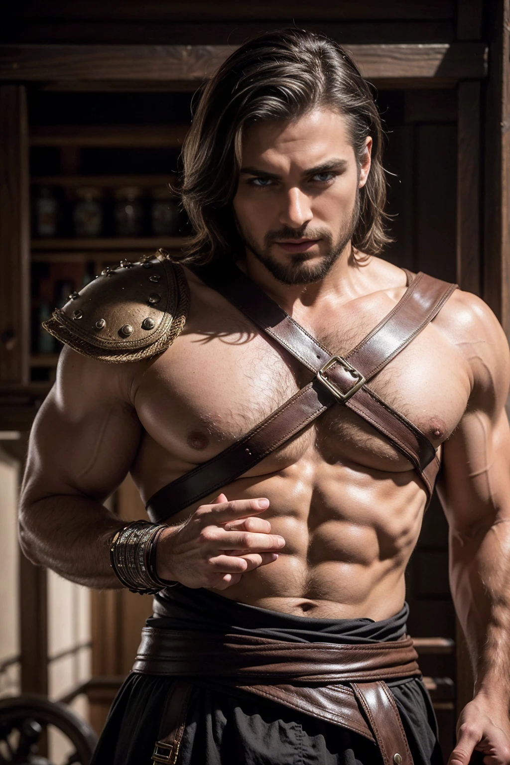 realistic, masterpiece, best quality, cinematic, dynamic lighting, soft shadow, highest detail, professional photography, detailed background, depth of field, insane details, intricate, aesthetic, detailed face, subsurface scattering, realistic hair, realistic eyes, 1boy, muscular, manly, (large pectorals:1.3), pectorals, abs, photo of a handsome male barbarian wearing leather harness armor, intricate tribal armor, fighting pose, angry, battle cry, holding weapon, sword, medieval, fantasy, rpg, blood, injury, sweat, barbarian village background, medium messy hair, blonde hair,(Best quality, 8k, Masterpiece).,Smiling face, good mood.highest detail, superior quality, natural lighting, beautiful, sexy, correct anatomy, good composition,realistic shapes, realistic skin tones,Natural eyes,realistic eyes,looking up at viewer,vpl,realistic muscles,Realistic wrinkles on the skin,Realistic arms and legs,Realistic face,realistic hair,Make a sexy and seductive face, man focus,amazing composition, front view, HDR, volumetric lighting, ultra quality, elegant,Post a erotic photoshoot,Realistic pose,detailed hair,full body,Fujifilm XT3 photorealistic art by midjourney