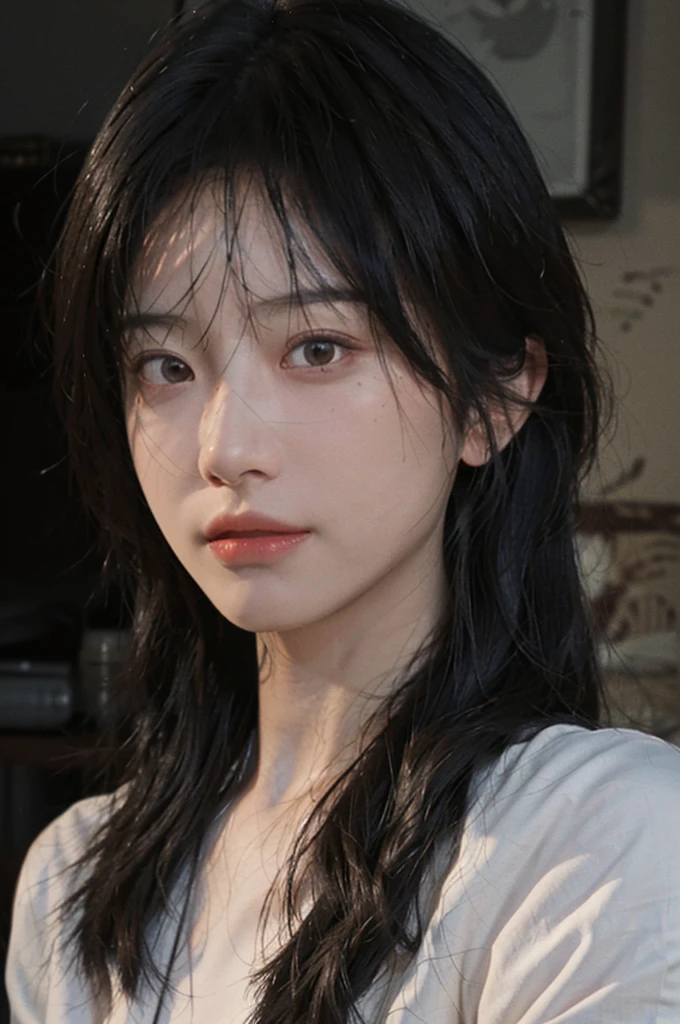 8K, Best Quality, Masterpiece, Ultra High Resolution, (Realism: 1.4), Original Photo, (Realistic Skin Texture: 1.3), (Film Grain: 1.3), (Selfie Angle), 1 Girl, Beautiful Eyes and Face Details, Masterpiece, Best Quality, Close-up, Upper Body, Looking at the Viewer