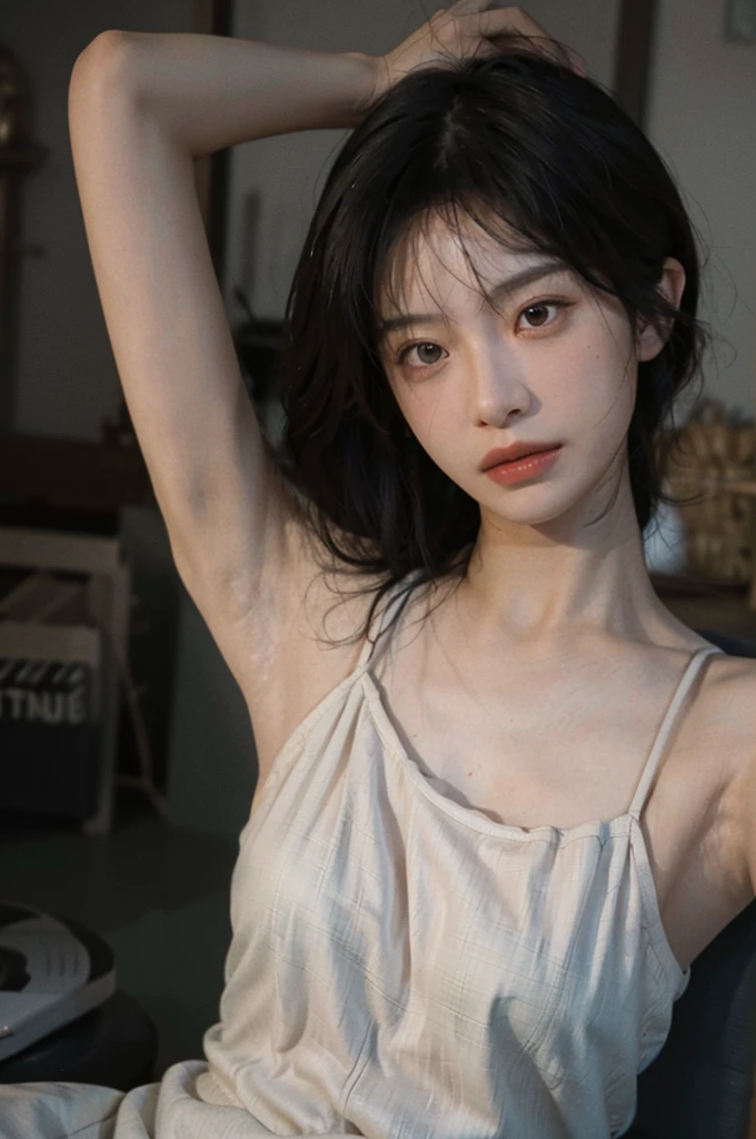 8K, Best Quality, Masterpiece, Ultra High Resolution, (Realism: 1.4), Original Photo, (Realistic Skin Texture: 1.3), (Film Grain: 1.3), (Selfie Angle), 1 Girl, Beautiful Eyes and Face Details, Masterpiece, Best Quality, Close-up, Upper Body, Looking at the Viewer