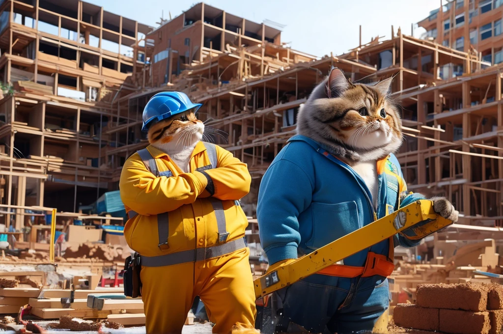 Poor cat is working as a builder on a very heavy building