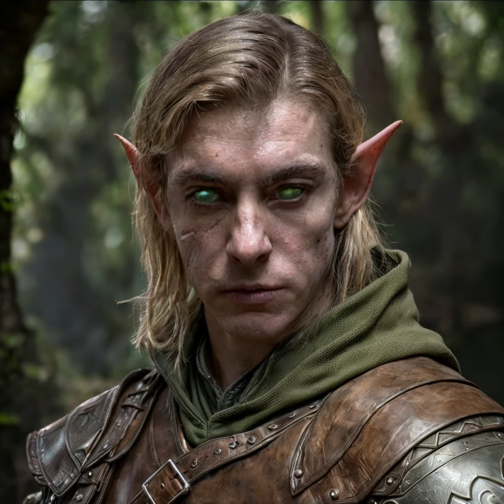 (masterpiece)+, (extremely (realistic)+,a portrait of an extremely ugly young male elf ranger, green alien sectoid eyes, Wearing leather armor, extremely sharp facial features, bad skin, scars, skin imperfections, angry proud stare. Looking in camera. volumetrics dtx, Photorealistic, ultra detailed, Artstation trending, very very detailed, realistic shaded lighting, dynamic shadows, detailed dark alley background, upper body, professional photograph of a detailed skin, sharp focus, dramatic, award winning, cinematic lighting, octane render, unreal engine, volumetrics dtx, Photorealistic, ultra detailed, Artstation trending, very very detailed, hyperrealistic, fine details, realistic shaded lighting, dynamic shadows, Dark alley background, add_detail:1, skin pores and wrinkles, details.,More Reasonable Details