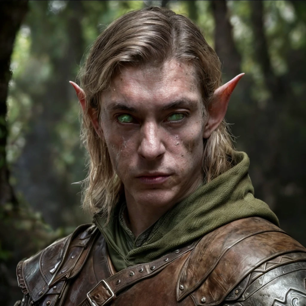 (masterpiece)+, (extremely (realistic)+,a portrait of an extremely ugly young male elf ranger, green alien sectoid eyes, Wearing leather armor, extremely sharp facial features, bad skin, scars, skin imperfections, angry proud stare. Looking in camera. volumetrics dtx, Photorealistic, ultra detailed, Artstation trending, very very detailed, realistic shaded lighting, dynamic shadows, detailed dark alley background, upper body, professional photograph of a detailed skin, sharp focus, dramatic, award winning, cinematic lighting, octane render, unreal engine, volumetrics dtx, Photorealistic, ultra detailed, Artstation trending, very very detailed, hyperrealistic, fine details, realistic shaded lighting, dynamic shadows, Dark alley background, add_detail:1, skin pores and wrinkles, details.,More Reasonable Details