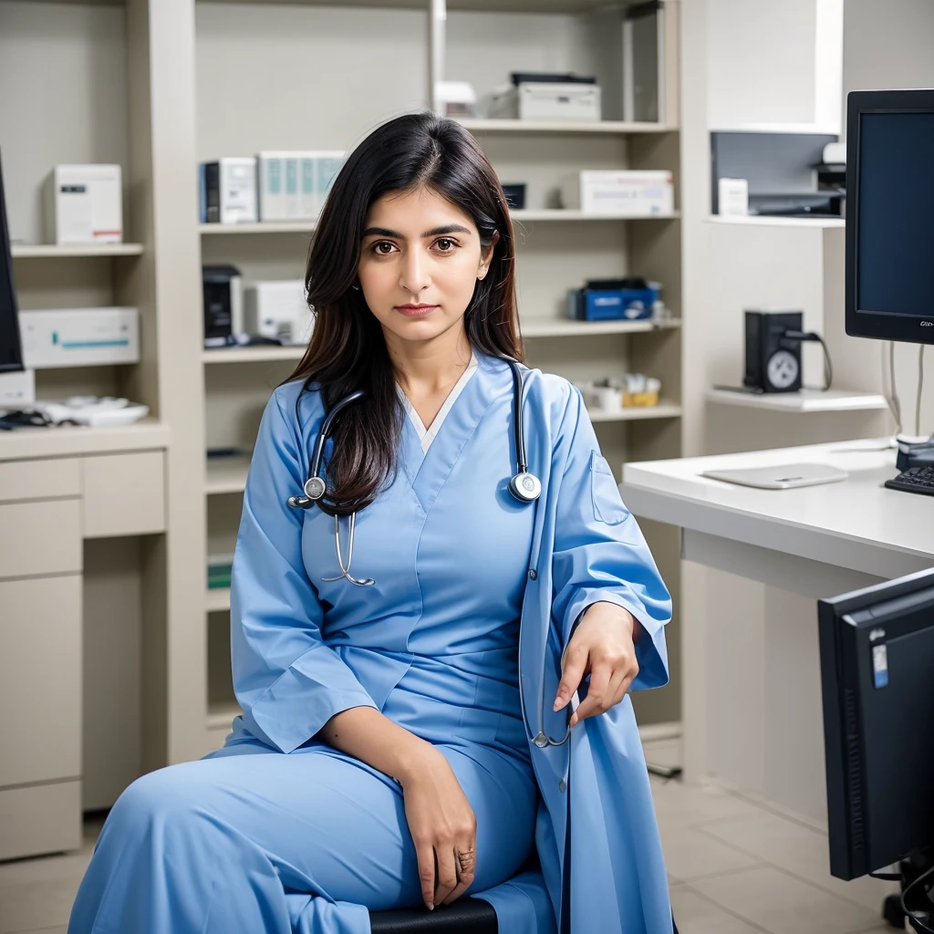 "A Pakistani lady doctor in hisab sitting in a clinic, wearing a blue doctors full gown, professional and poised, traditional beauty, serene and confident, medical professional, in a well-equipped clinic with her desk , focused on her work, Pakistani style, elegant and intelligent, highly detailed environment, warm and approachable demeanor, expert in her field, compassionate expression, contemporary clinic setting, surrounded by medical instruments and equipment, intricately detailed shot, calm and comforting presence, inspirational figure, committed to patient care."