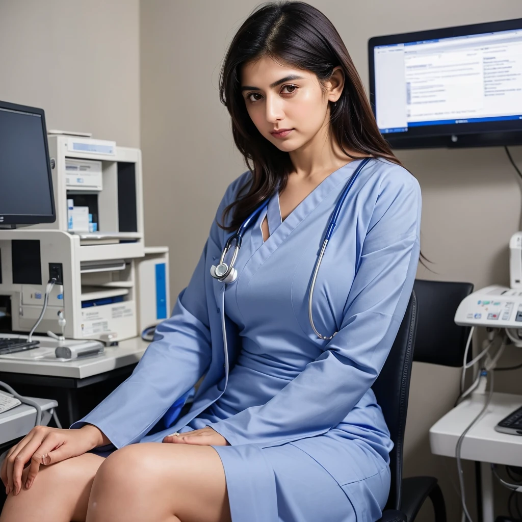 "A Pakistani lady doctor in hisab sitting in a clinic, wearing a blue doctors full gown, professional and poised, traditional beauty, serene and confident, medical professional, in a well-equipped clinic with her desk , focused on her work, Pakistani style, elegant and intelligent, highly detailed environment, warm and approachable demeanor, expert in her field, compassionate expression, contemporary clinic setting, surrounded by medical instruments and equipment, intricately detailed shot, calm and comforting presence, inspirational figure, committed to patient care."