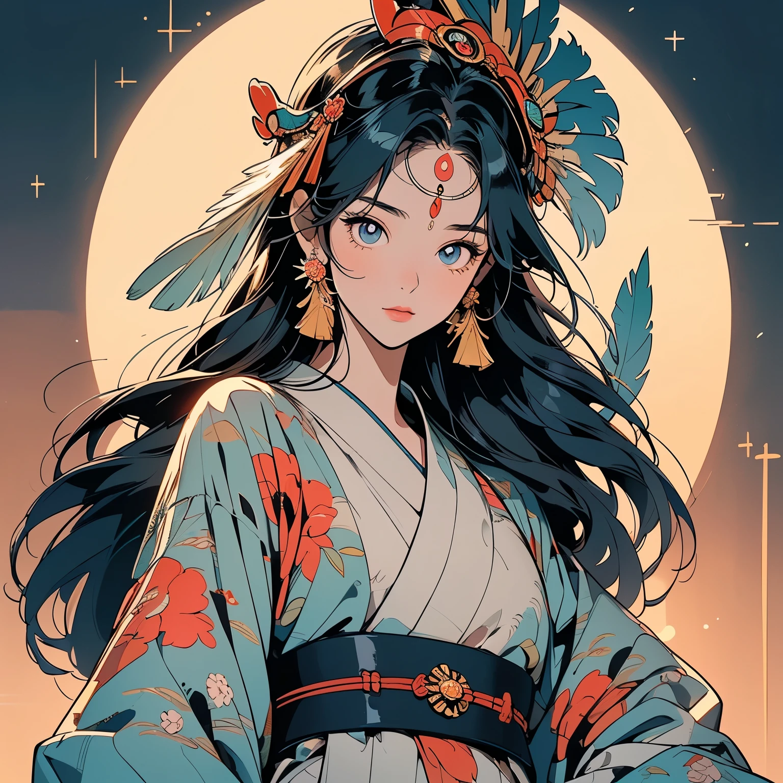 kimono, 完璧なkimono, 詳細なkimono, first-class, Super detailed, torii, Night view, forest, lake, (((Super detailedな装飾))),One Woman, Perfect Face, Lantern, Faint lighting, (((Cowboy Shot))), Super detailedな髪、((( Sparkling Eyes))),mysterious, Golden Belt, The wind is blowing, Apparition, Japanese style, Candle, Panorama, Long Shot, Colorful backgrounds, (((Narrow-eyed beauty))),(((Indian-style feather headdress on head))),Upper Body,(((Complex eye pattern)))、(((Wearing a bird head mask on his head)))、A beautiful woman、Detailed face、Best quality face