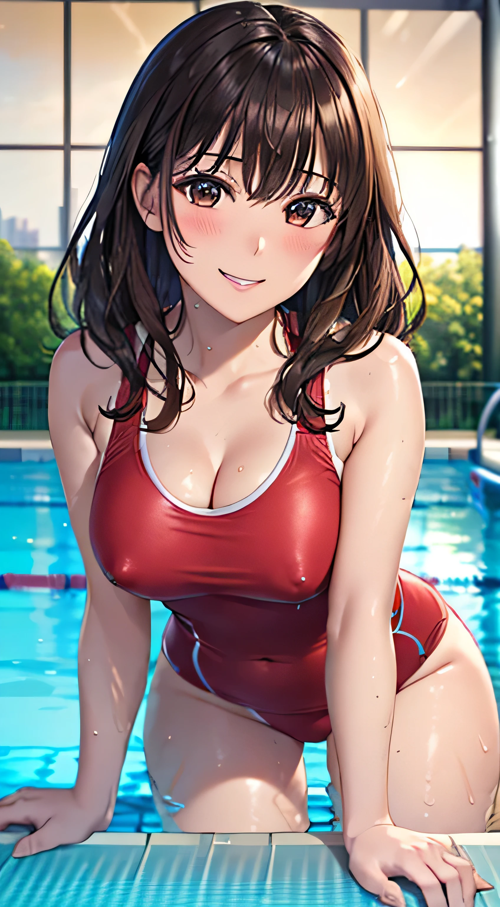 ((Tabletop, Highest quality, High resolution, , Pixel Perfect, 4K,))), 1 female, 、The whole body is visible、 ((Long Wavy Hair, bangs, Brown Hair)), ((Brown eyes, Beautiful eyelashes, Realistic eyes)), ((Detailed face, Blushing:1.2)), ((Smooth texture:0.75, Realistic texture:0.65, Realistic:1.1, Anime CG Style)), Medium sized breasts, Dynamic Angle, Perfect body, (( , , Beautiful swimming trainer、、Black and red swimming wear 、)), 、、Very embarrassing panic smile, 、、、Luxury hotel pool、Sit by the pool、Nipples are visible、、、、、 、Angle from below)、