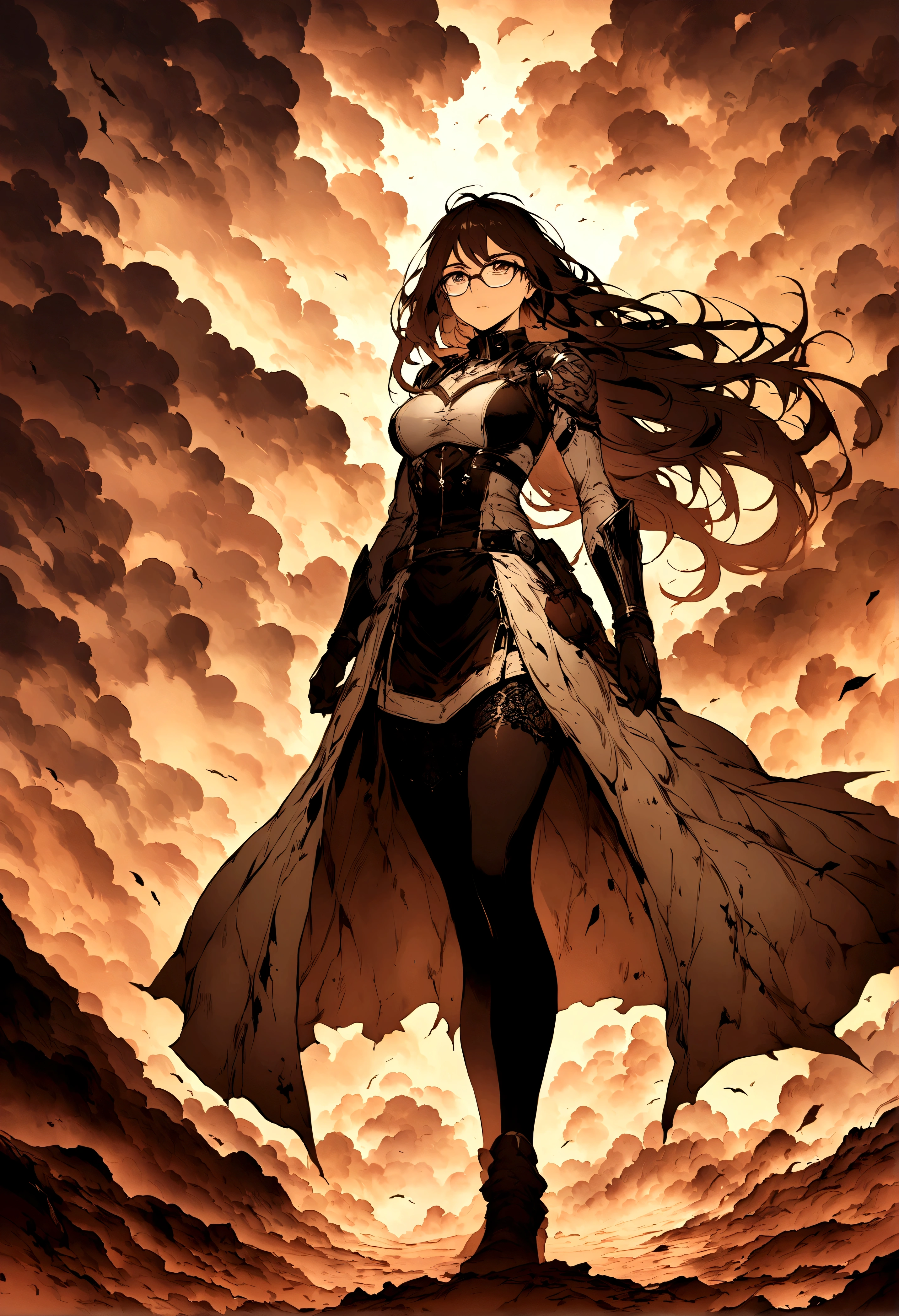 ((Tights))，future technology，Illustration style，Long hair，beautiful，battlefield，dust，Dark，Glasses