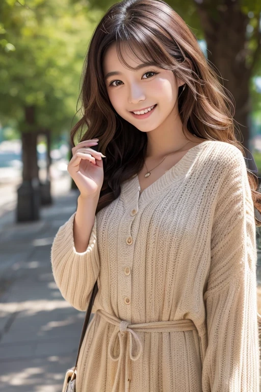 Produce the highest quality and highest resolution 8K images。The model is a 20-year-old Japanese woman.。The image depicts a person smiling at the camera and taking a commemorative photo at a tourist spot.。Draw the whole body of the model。She has brown eyes and a model figure.、She has an idol-level cute face.。The hair is curly。Skin has a healthy color。What to wear、She's wearing a T-shirt and a skirt。