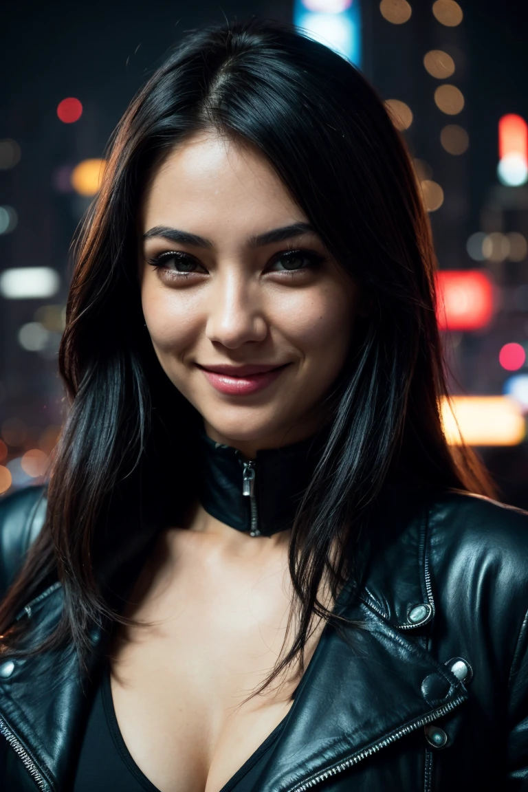 1 woman, looking straight ahead at the camera close up, SMILE, cyberpunk, city at night, Leotard, Jacket, close up, SMILE afectada, happy, Awesome, sexy, enlarged on the face, wallpaper, Club, scarce, See though, old,