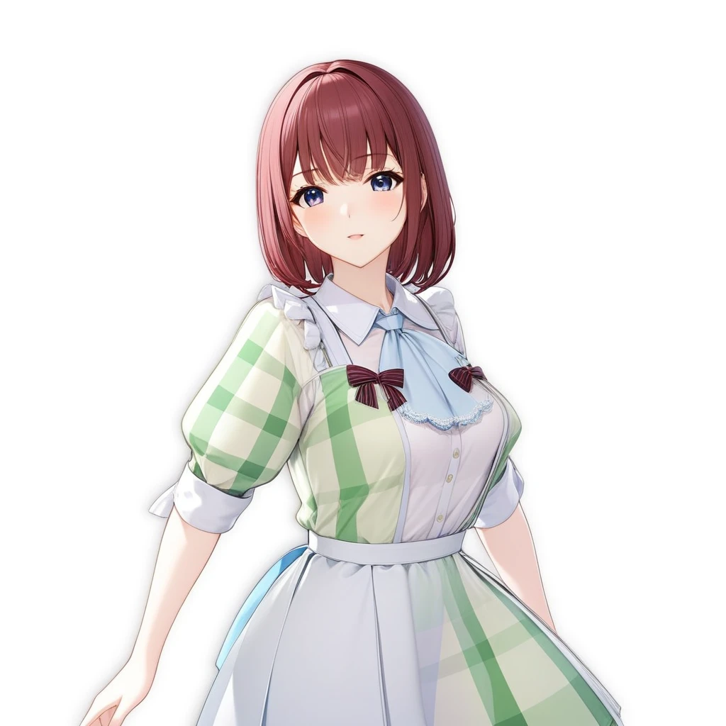 Anime girl in a dress with ribbons and a plaid shirt, April Rendering, sayori, Official character art, hints of Yaoi Kasuma, Cute 3D anime girl render, Yaoi Kasuma, Mirabelle Madrigal's rendering, Smooth anime CG art, kasumi arimura style 3/4, Beatrice Blue