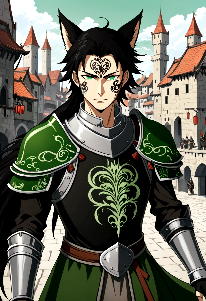 anime style, Women, fox ears, black hair and green eyes, with three black tails, with armor with black Chinese decorations with green decorations, black roots embedded in his neck and a tattoo on his face that alludes to roots, threatening happy expression, background medieval city