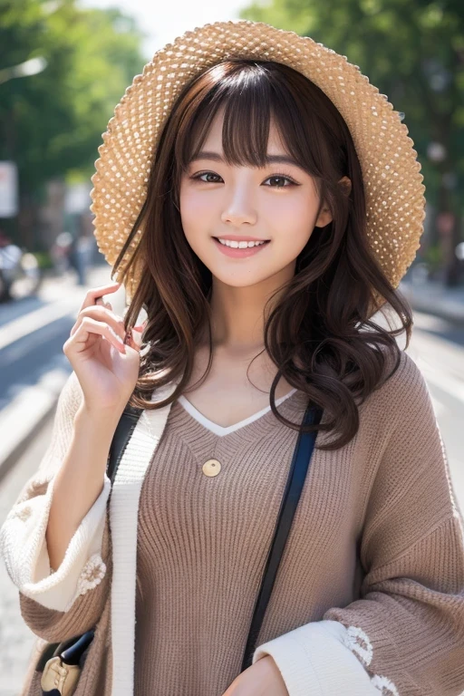Produce the highest quality and highest resolution 8K images。The model is a 20-year-old Japanese woman.。The image depicts a person smiling at the camera and taking a commemorative photo at a tourist spot.。Draw the whole body of the model。She has brown eyes and a model figure.、She has an idol-level cute face.。The hair is curly。Skin has a healthy color。What to wear、She's wearing a T-shirt and a skirt。