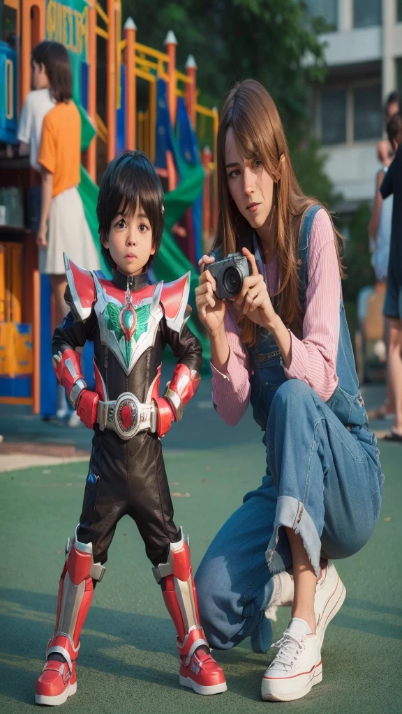 Boy, posing like hero,shorting by mam,