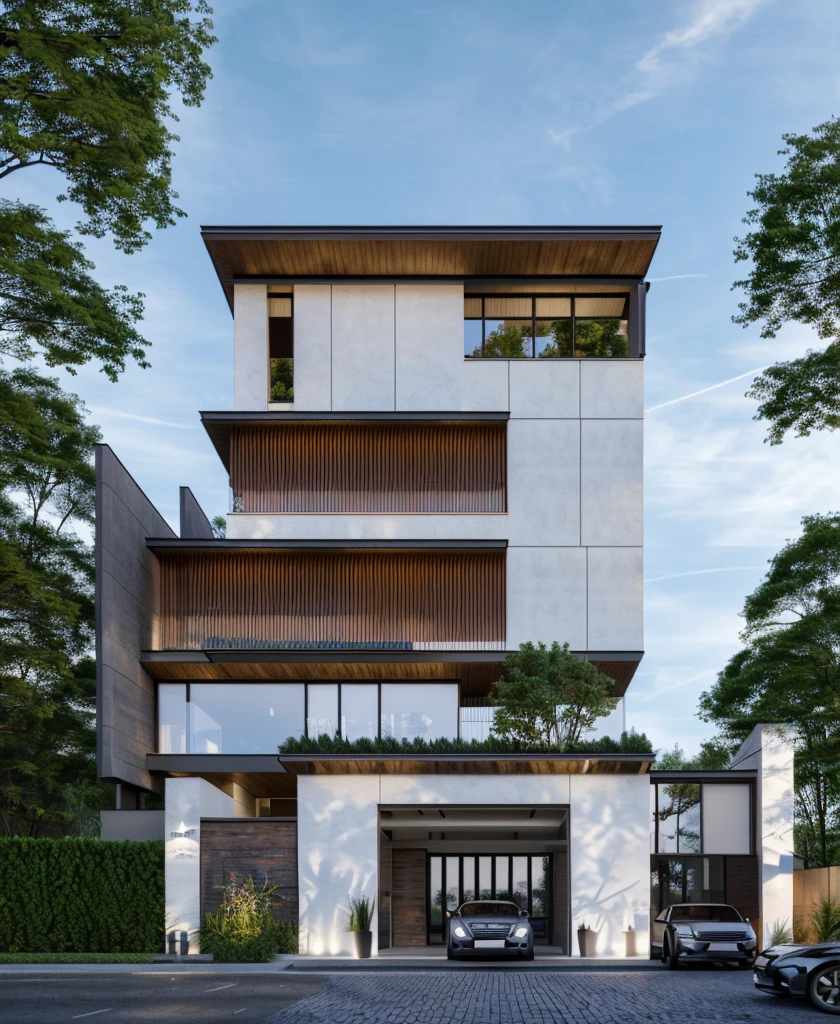 Realistic, vray realistic, contrast:1.1, 8k uhd, morden townhouse, road infront of house, wood ceilling:1.4, (high detailed skin:1.3), soft lighting, fade light, hight shadow, blue sky:1.5, ultra quality, film grain, Fujifilm XT3, sharp image, best quality, authentic, hight quality