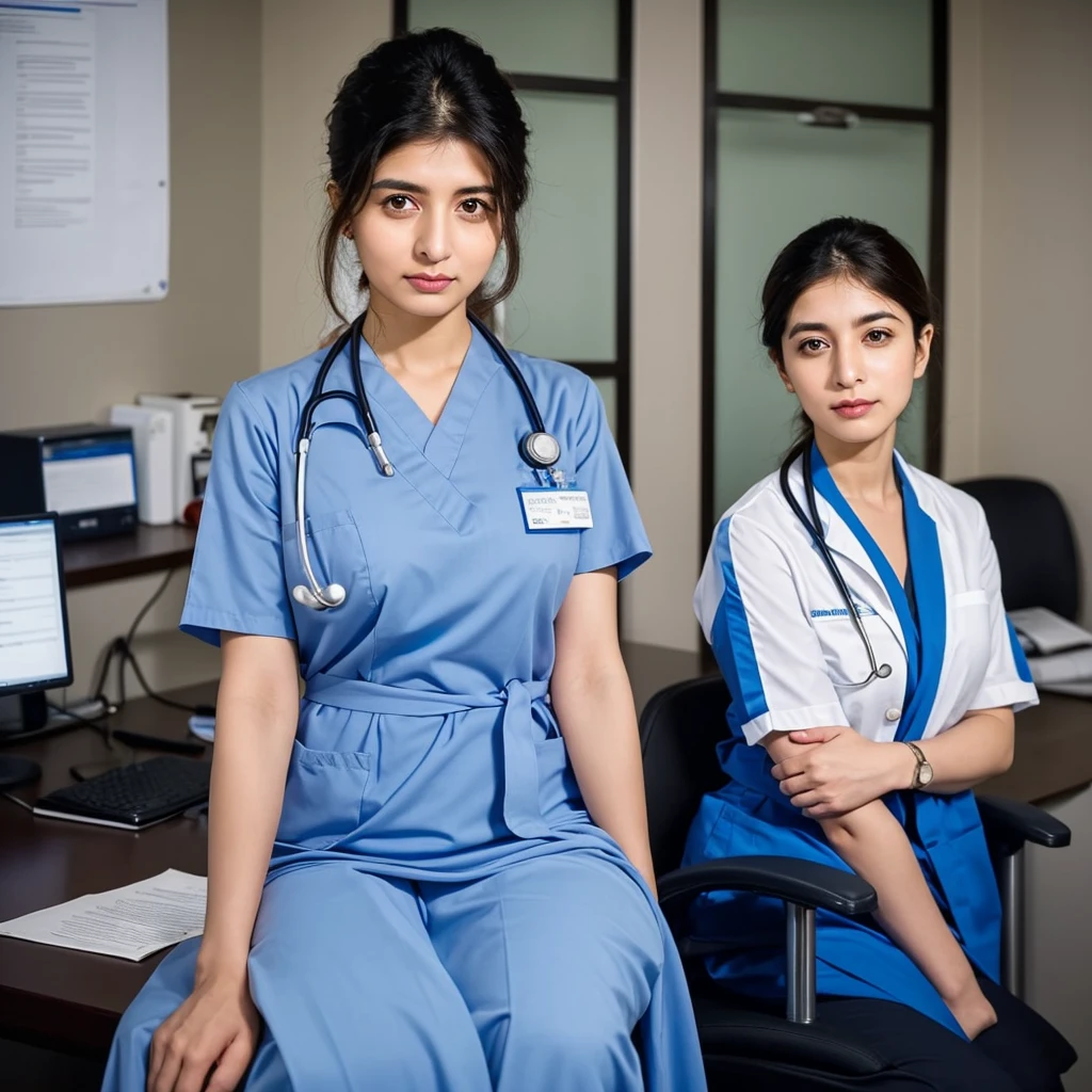 "A Pakistani lady doctor in hisab sitting in a clinic, wearing a blue doctors full gown, professional and poised, traditional beauty, serene and confident, medical professional, in a well-equipped clinic with  her desk , focused on her work, Pakistani style, elegant and intelligent, highly detailed environment, warm and approachable demeanor, expert in her field, compassionate expression, contemporary clinic setting, surrounded by medical instruments and equipment, intricately detailed shot, calm and comforting presence, inspirational figure, committed to patient care."