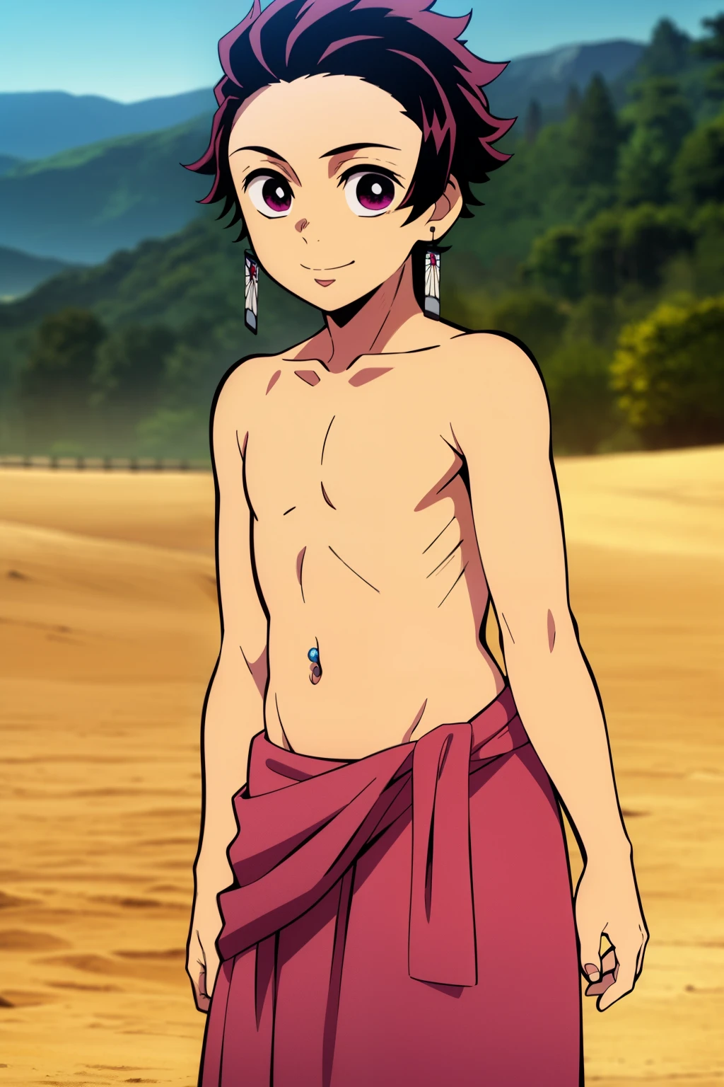Highres, Masterpiece, Best quality at best,Best Quality,hight quality, hight detailed, Anime screencap style, 1boy, Shota, Little boy, Solo, Tanjiro, earring, smile, Sarong, croptop, Bare shoulder, Navel piercing, Seen from the front, look at viewer, desert, (very young boy), (very small and short body), 12-year-old boys, blurry beckground, Uhd, 4k, wallpaper